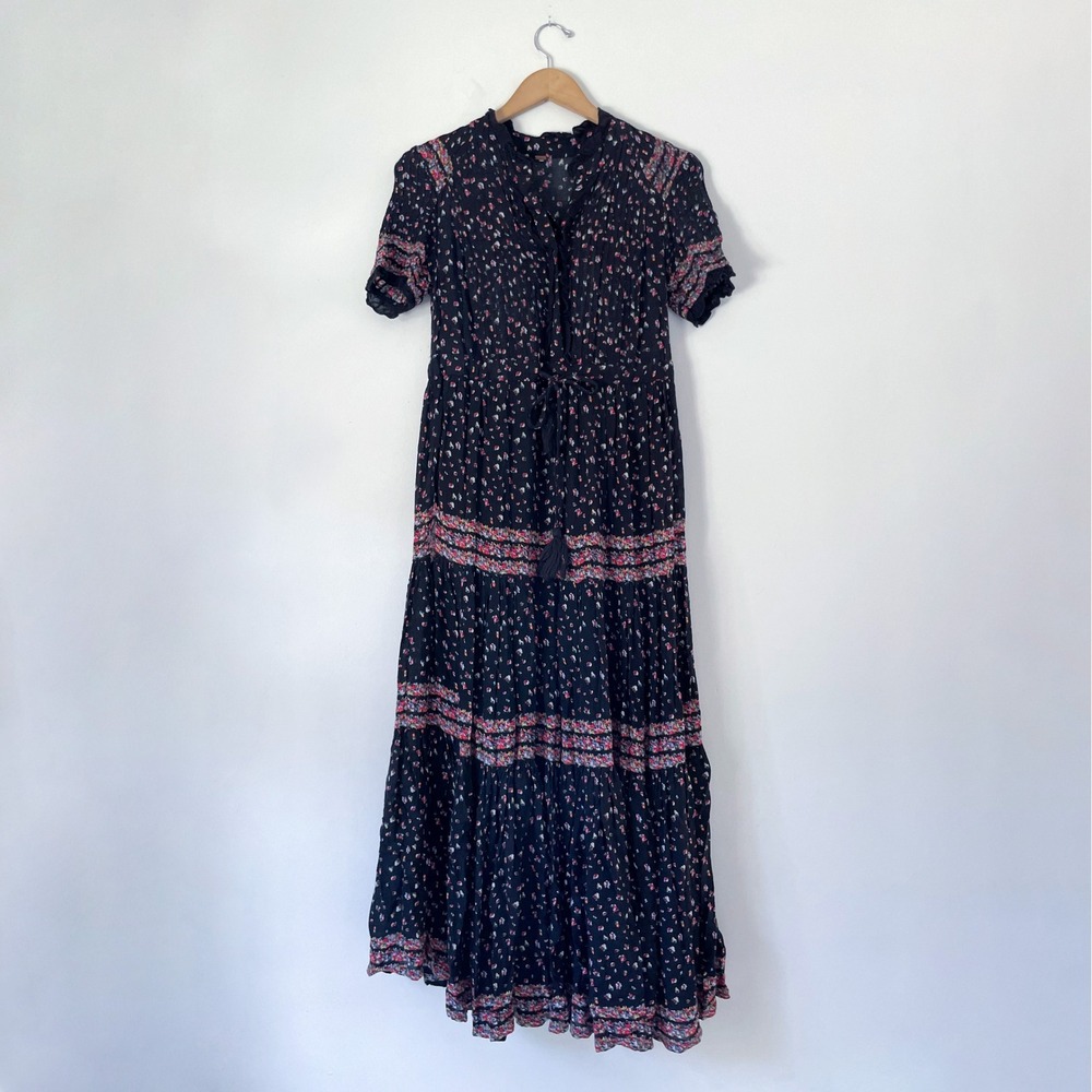 Free People Black Floral Tiered Pleated Maxi Dress XS Boho Ruffle Dark Cottage